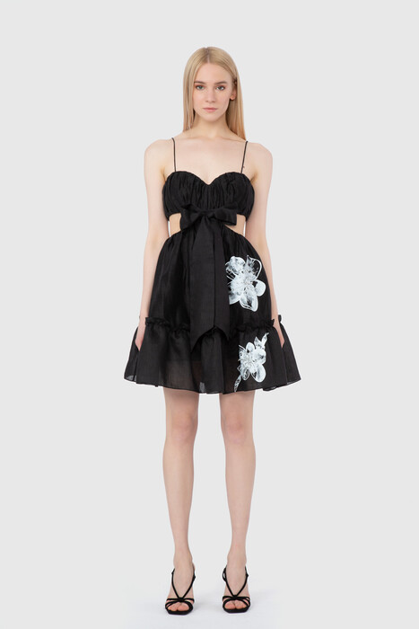 Gizia Floral Print Detailed Rope Strap Trend Black Dress. 1