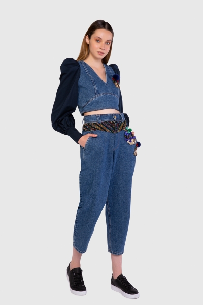 Gizia Garni Fabric Detailed Blue Slouchy Jeans. 1