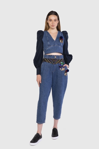 Gizia Garni Fabric Detailed Blue Slouchy Jeans. 3