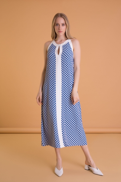 Gizia Geometric Patterned Sleeveless Sax Blue Long Dress. 1