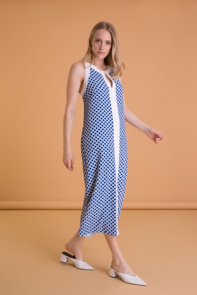 Gizia Geometric Patterned Sleeveless Sax Blue Long Dress. 2