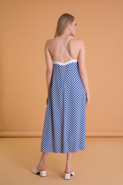 Gizia Geometric Patterned Sleeveless Sax Blue Long Dress. 3