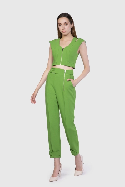 Gizia Green Crop Top With Zipper Front Cut Off Shoulder Detail. 2