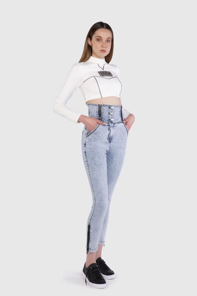 Gizia High Waist Corsage Detailed Skinny Blue Jean. 2 Gizia High Waist Corsage Detailed Skinny Blue Jean. 2