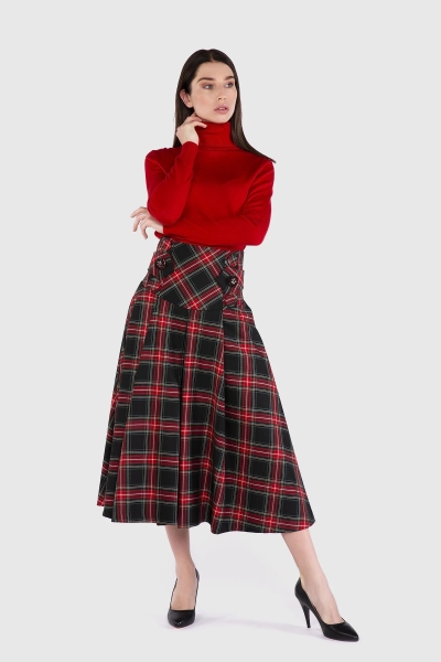 Gizia High Waist Corsage Midi Length Plaid Red Skirt. 1