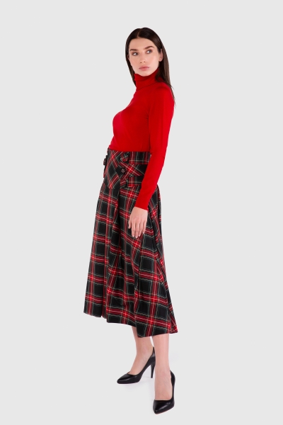 Gizia High Waist Corsage Midi Length Plaid Red Skirt. 2