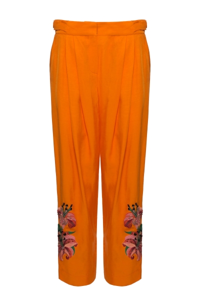 Gizia High Waist Embroidery Detail Pleated Orange Trousers. 1