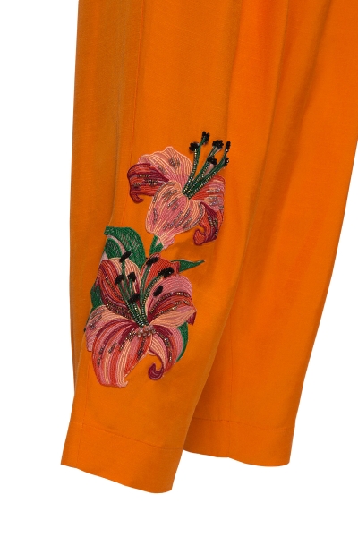 Gizia High Waist Embroidery Detail Pleated Orange Trousers. 3