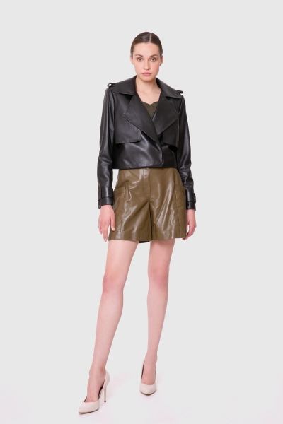 Gizia High Waist Khaki Leather Shorts. 1