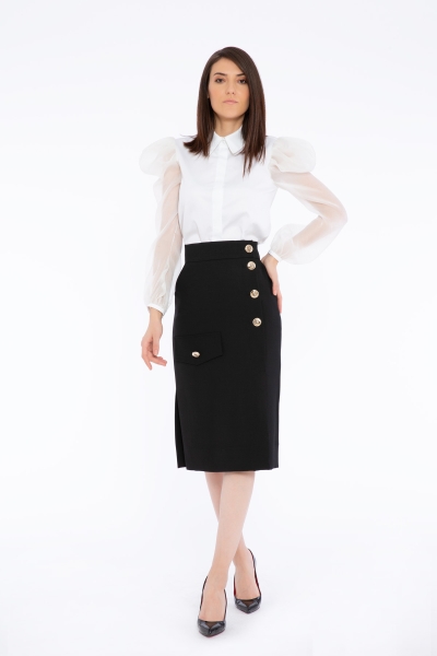 Gizia High Waist Midi Length Button And Pocket Detailed Black Skirt. 1