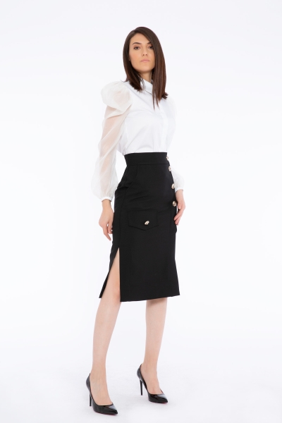Gizia High Waist Midi Length Button And Pocket Detailed Black Skirt. 2
