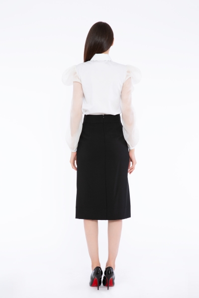 Gizia High Waist Midi Length Button And Pocket Detailed Black Skirt. 3