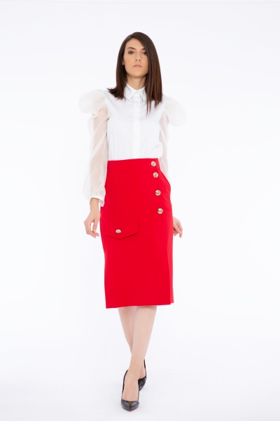 Gizia High Waist Midi Length Button And Pocket Detailed Red Skirt. 1