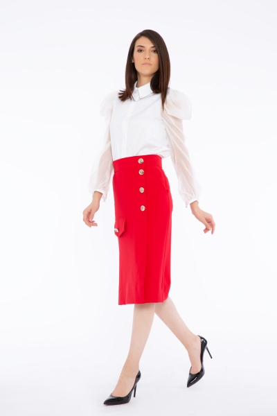 Gizia High Waist Midi Length Button And Pocket Detailed Red Skirt. 2