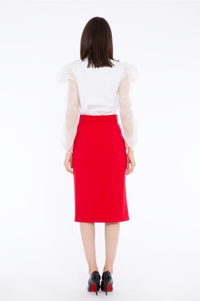 Gizia High Waist Midi Length Button And Pocket Detailed Red Skirt. 3