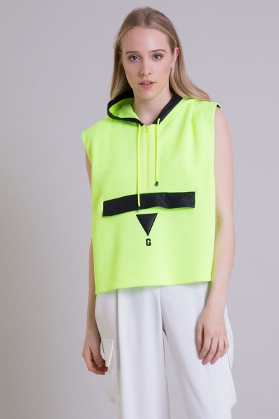 Gizia Hooded Sleeveless Neon Yellow Short Sweatshirt. 4