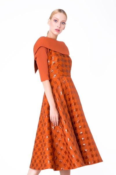 Gizia Knitwear Detailed Jacquard Fabric Orange Flared Dress. 1