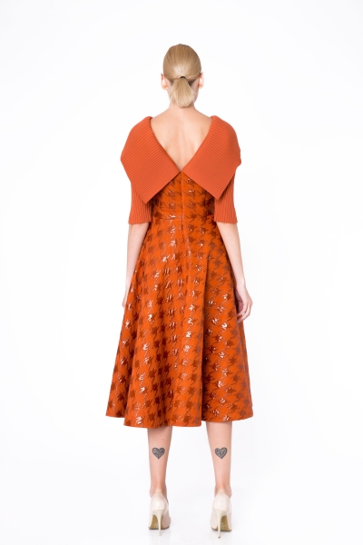 Gizia Knitwear Detailed Jacquard Fabric Orange Flared Dress. 2