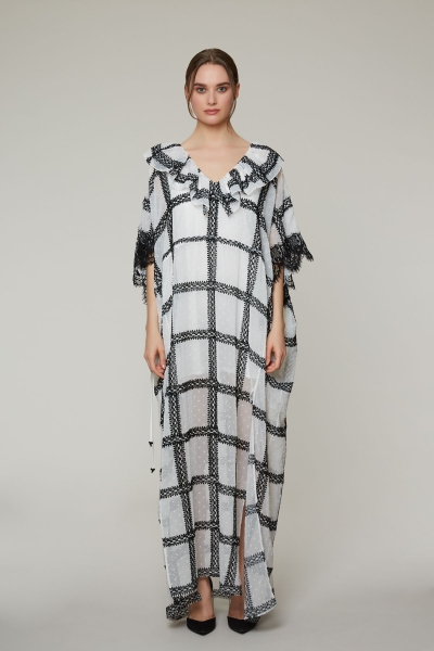 Gizia Lace And Flounce Detail Long Side Slit Ecru Dress. 1