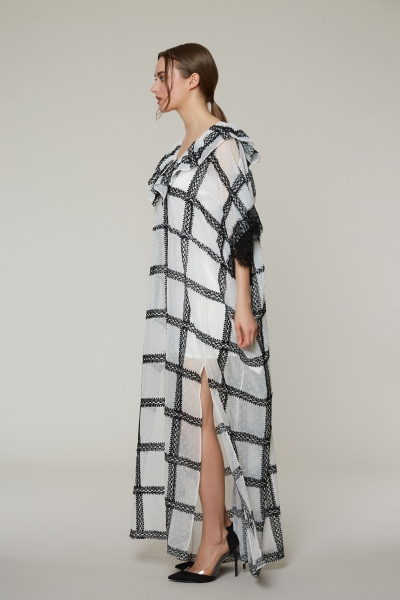 Gizia Lace And Flounce Detail Long Side Slit Ecru Dress. 2