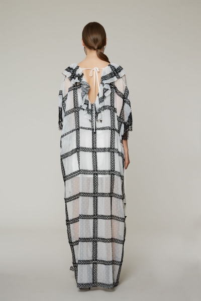 Gizia Lace And Flounce Detail Long Side Slit Ecru Dress. 3