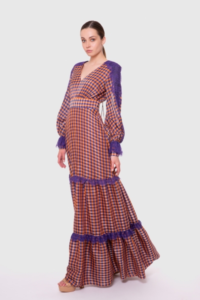 Gizia Lace Detailed V Neck Long Plaid Orange-Powder Dress. 1