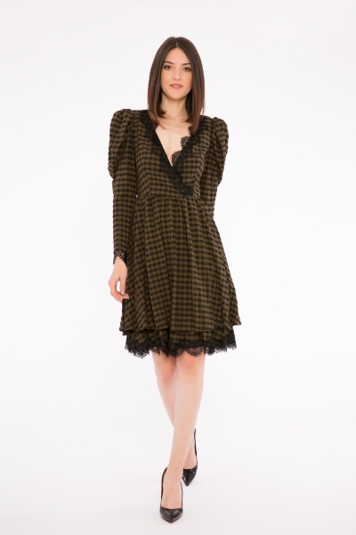 Gizia Lace Detailed, Watermelon Sleeve, Plaid Mini Length Khaki Dress. 2