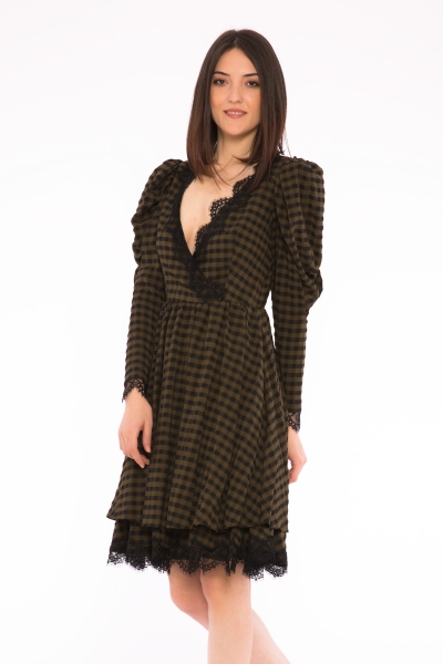 Gizia Lace Detailed, Watermelon Sleeve, Plaid Mini Length Khaki Dress. 1