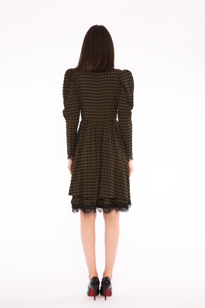 Gizia Lace Detailed, Watermelon Sleeve, Plaid Mini Length Khaki Dress. 3