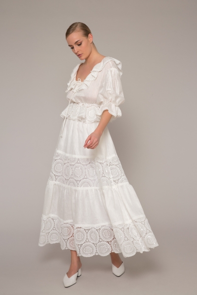 Gizia Lace Linen Long White Skirt. 1