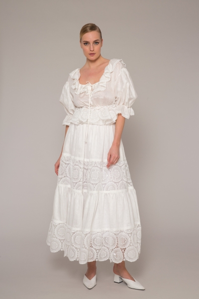 Gizia Lace Linen Long White Skirt. 3