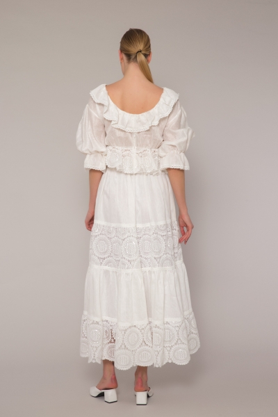 Gizia Lace Linen Long White Skirt. 2