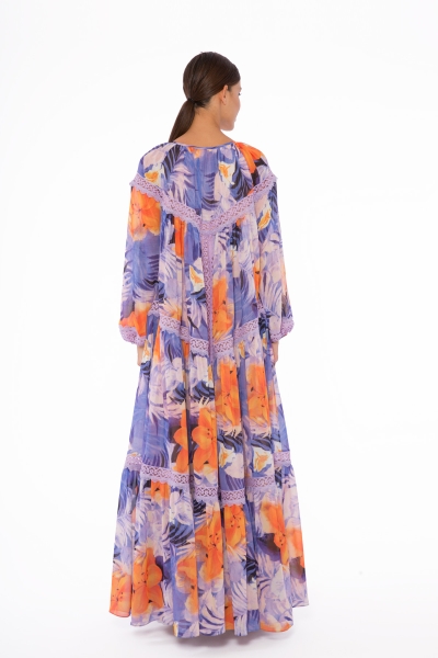 Gizia Lace Stripe Detailed Long Patterned Chiffon Powder Dress. 1