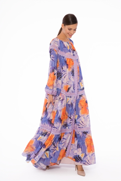 Gizia Lace Stripe Detailed Long Patterned Chiffon Powder Dress. 2