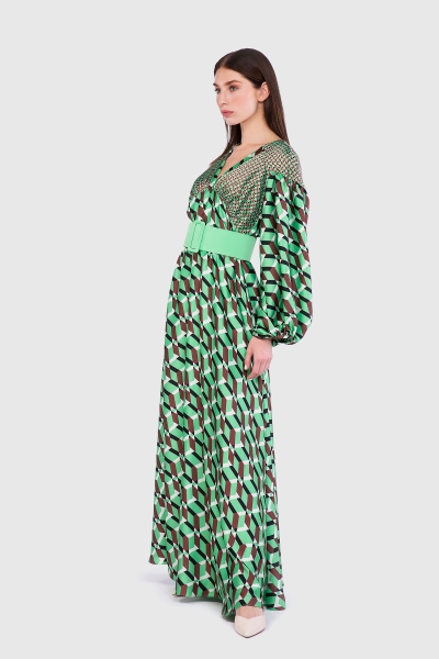 Gizia فستان طويل لون أخضر بنقشات الجيومتريك الصغيرة والكبيرة. 3
