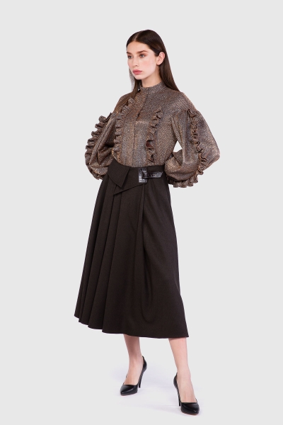 Gizia Leather Buckle Detailed Ruffle Brown Skirt. 2