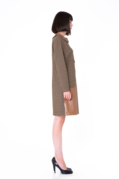 Gizia Leather Detailed Gingham Plain Form Mini Mustard Dress. 3