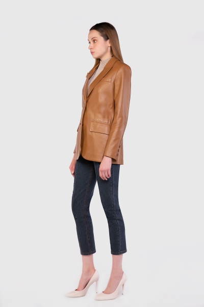 Gizia Leather Double Button Blazer Tan Jacket. 2