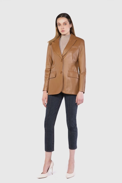Gizia Leather Double Button Blazer Tan Jacket. 1