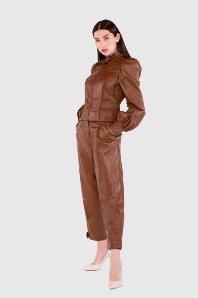 Gizia Leather High Waist Baggy Tan Trousers. 1