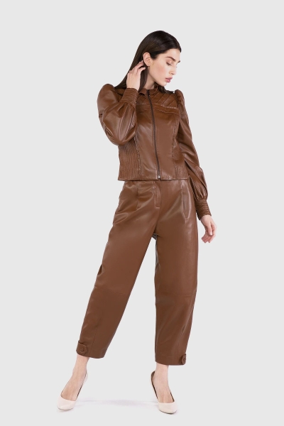 Gizia Leather High Waist Baggy Tan Trousers. 2