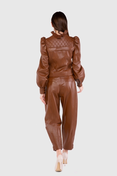 Gizia Leather High Waist Baggy Tan Trousers. 3