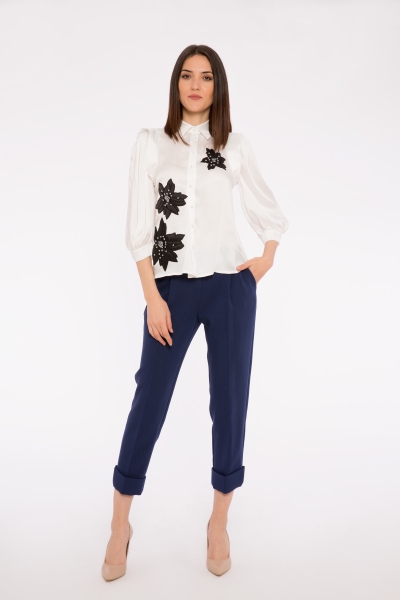 Gizia Leg Detailed Navy Blue Ankle Wide Trousers. 3