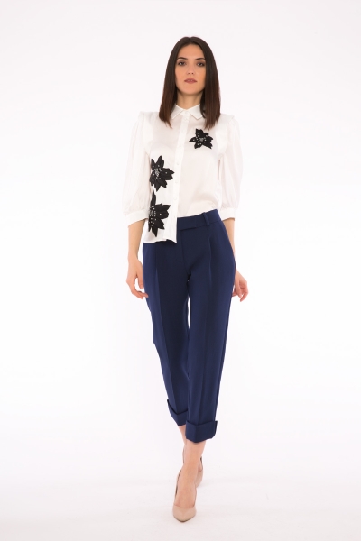 Gizia Leg Detailed Navy Blue Ankle Wide Trousers. 2