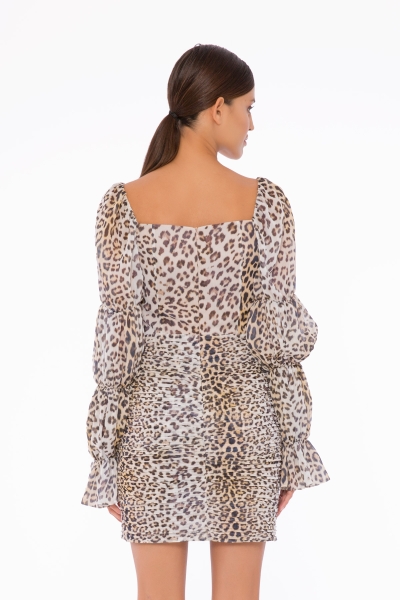 Gizia Leopard Patterned Pleated Mini Beige Dress. 2