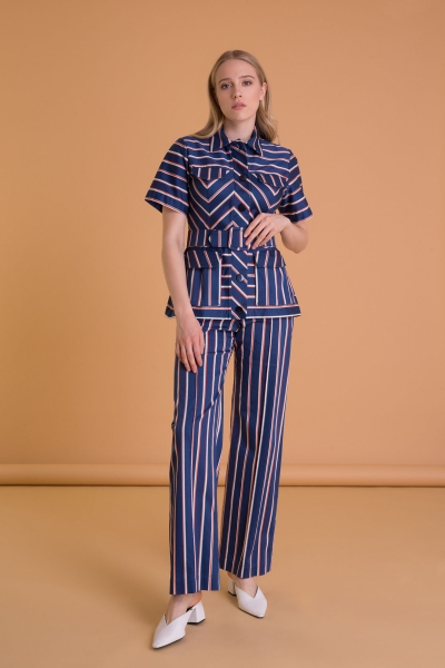 Gizia Line Patterned High Waist Navy Blue Trousers. 2