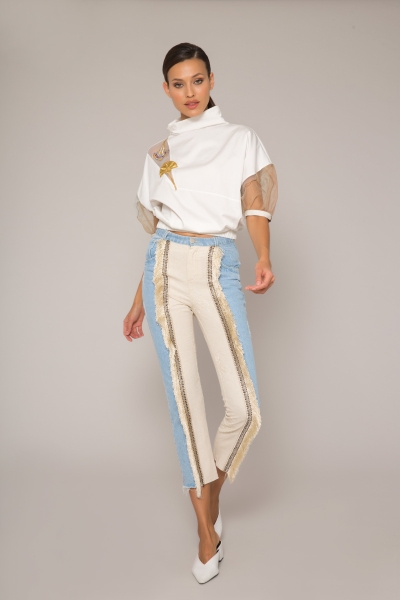 Gizia Linen Garnish Tassel Stripe Detailed Blue Jean Trousers. 1