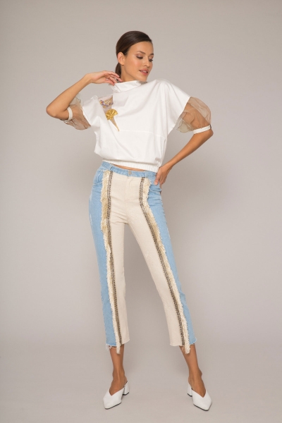 Gizia Linen Garnish Tassel Stripe Detailed Blue Jean Trousers. 2