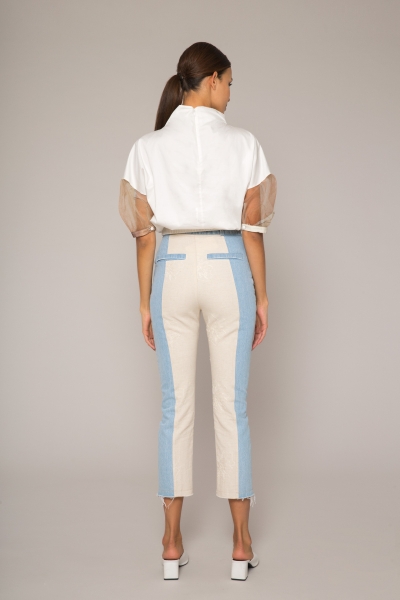 Gizia Linen Garnish Tassel Stripe Detailed Blue Jean Trousers. 3