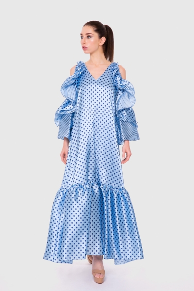 Gizia Long Blue Dress With Off Shoulders And Flounces Detail. 2